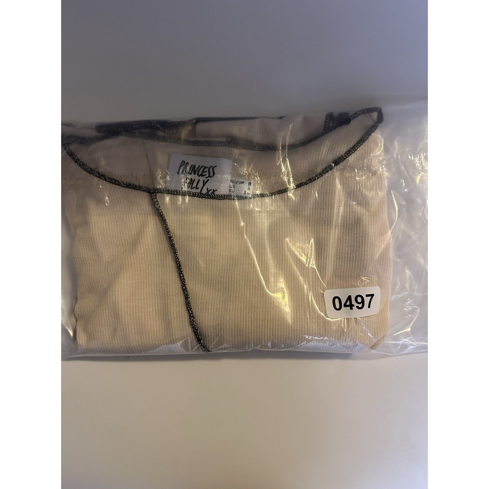 Princess Polly Crop Top Womens 4 Waffle Knit Off White Long Sleeve Black Trim - Picture 12 of 12